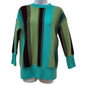 Vtg Retro Green Brown Turquoise Striped Acrylic Knit Thick Tight Knit Sweater